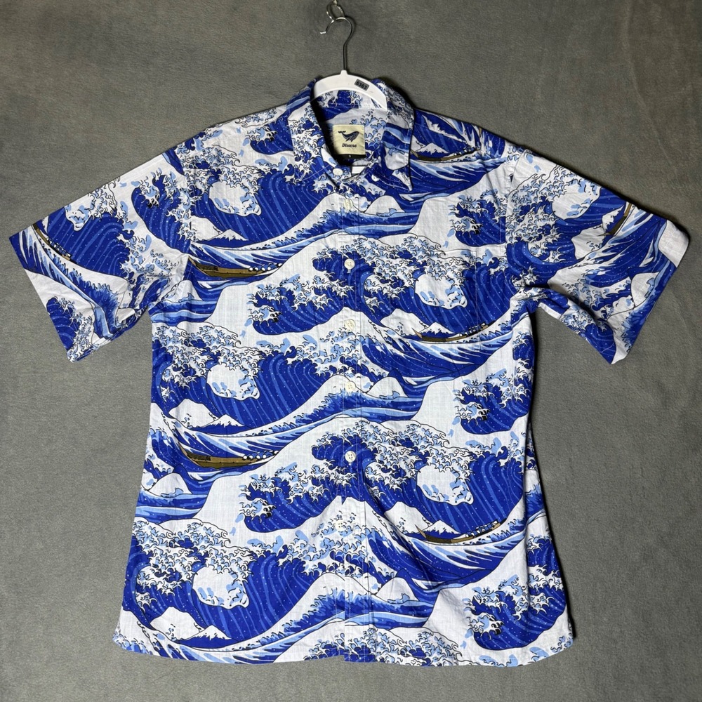 Yiume Great Wave Print Hawaiian Shirt Fits Medium Blue Cotton Button Up